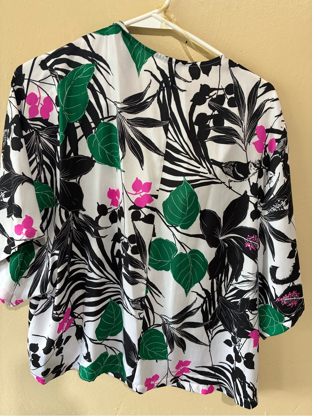 Worthington White Botanical Print Draped Neck Blouse with Green & Pink Accents - Picture 2 of 8